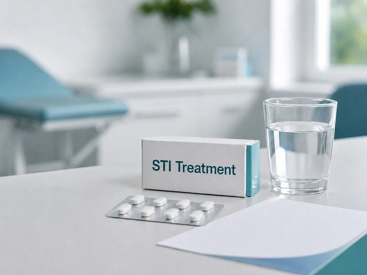 box of tablets next to water on clinic desk