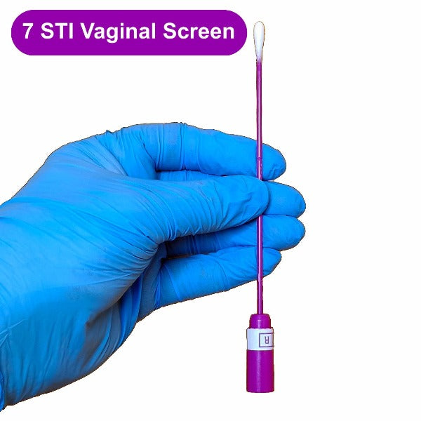 Gloved hand holding a swab