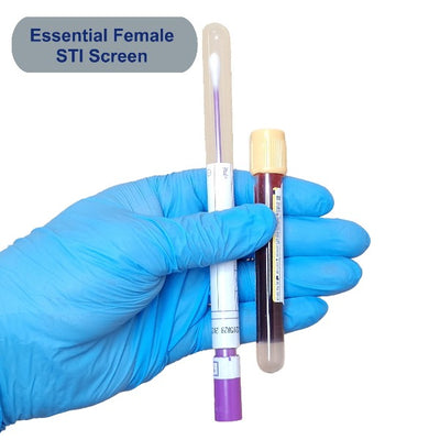 Gloved hand holding a swab and blood tube