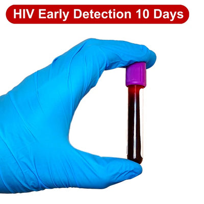 Gloved hand holding a blood tube