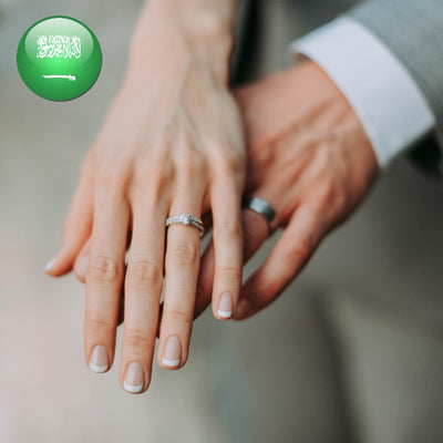 A woman's hand on top of a man's hand both wearing wedding rings with a Saudi flag in the corner