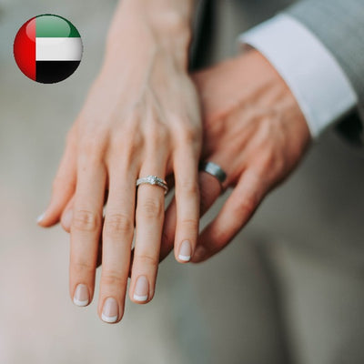 A woman's hand on top of a man's hand both wearing wedding rings with a UAE flag in the corner
